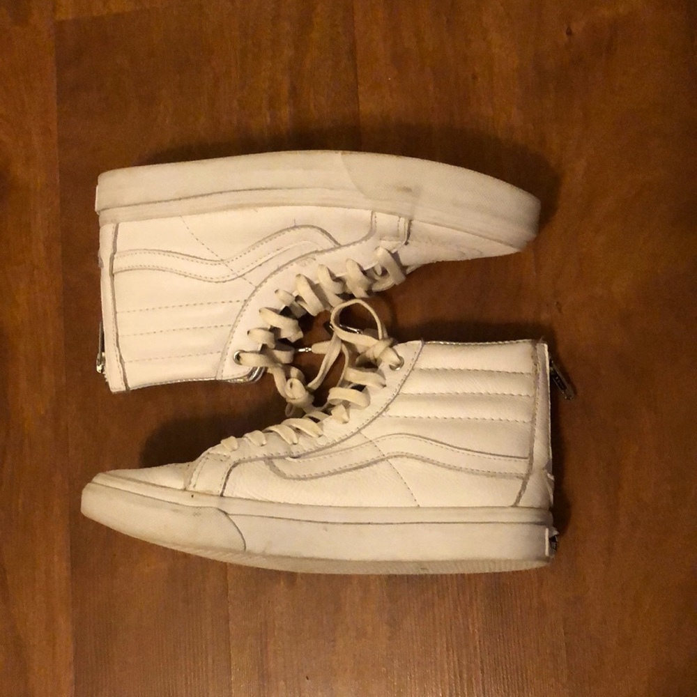 All White Leather Vans SK8-hi Zip-Up